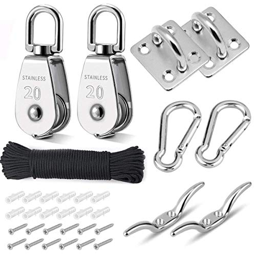TooTaci M20 Pulley Block System - 304 Stainless Steel Crane Pulley Block with Nylon Rope, Carabiners, Eye Pad Plates & Cleat Hooks – Smooth Lifting & Towing Solution for Garage, Garden, Boat, Home Use