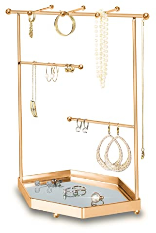 Organisateur de Bijoux en Acier Inoxydable | Plateau Miroir | Élégant Porte Arbre Chic Boucles d'Oreilles & Accessoires | Idéal Bracelets & Colliers | Présentoir Doré Exquis | 24*12*29cm (Or Rose)