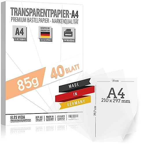 40 Blatt Transparentpapier DIN A4 – 85g Origami Papier - Papier für technisches Zeichnen - Tracing Paper Skizzenpapier - PAPIER AUS DEUTSCHLAND - Laternenpapier