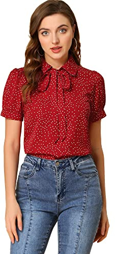 Allegra K Women's Retro Dots Blouses Bow Tie Peter Pan Collar Chiffon Blouse - red - Medium