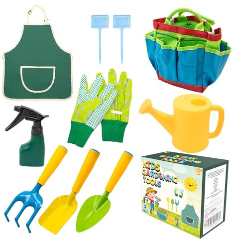 Pelle & Sol 10PCS Kids Gardening Tool Set - Children's Garden Tool Kit Shovel Rake Trowel Sprayer Gloves Apron Watering Can with Canvas Tote Bag, Outdoor Tools Fun Toys Gift Sets for Boys, Girls