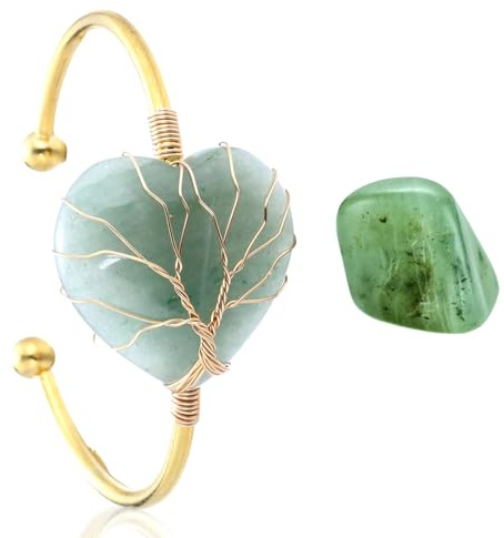 HALUKAKAH Collier Bracelet en Pierre de Lune - AMOUR LUNAIRE - Fil Arbre de Vie Plaqué Platine/18 Carats Or Fait à la Main, Pendentifs en Forme de Lune/Cœur/Goutte D'eau en Cristal Naturel