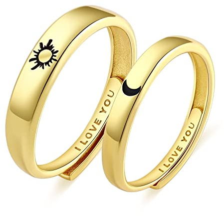 Beydodo 2 PCS Anillo Pareja Ajustable Anillos Compromiso Pareja Plata de Ley Redondo Grabado Luna Sol Anillos Oro Compromiso Pareja