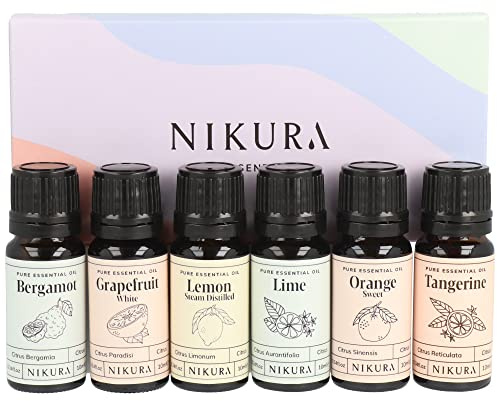 Nikura Citrus Essential Oil Gift Set - 6 x 10ml | Essential Oils for Diffusers for Home, Aromatherapy, Cleaning, Candle Making, Soap Making | Bergamot, Lemon, Lime, Sweet Orange | 100% Pure & Natural