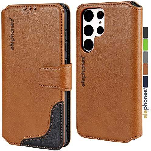 elephones Hülle für Samsung S23 Ultra Klappbar Handyhülle mit RFID-Schutz Flip Case Cover Schutzhülle Klapphülle aus PU Leder für Samsung Galaxy S 23 Ultra 5G - Braun