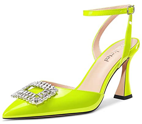 Saekcted Mujer Chunky Ancho Alto High Heel Puntiaguada Punta Sandalias Correa Tobillo Diamante Cristal Fiesta Cute Zapatos Verde Lima 39 EU