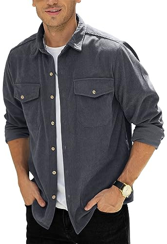 CTU Mens Button Down Shirts Corduroy Shirts Coat Jackets Casual Vintage Shirts Long Sleeves with Chest Pocket Dark Grey L