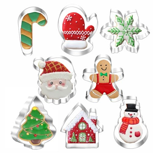 Christmas Cookie Cutters, 8PCS Holiday Cookie Cutter Shapes - Snowman,Christmas Tree,Gingerbread Man,Candy Cane,Snowflake,Santa Face,Christmas House, Winter Glove Cookies Mold