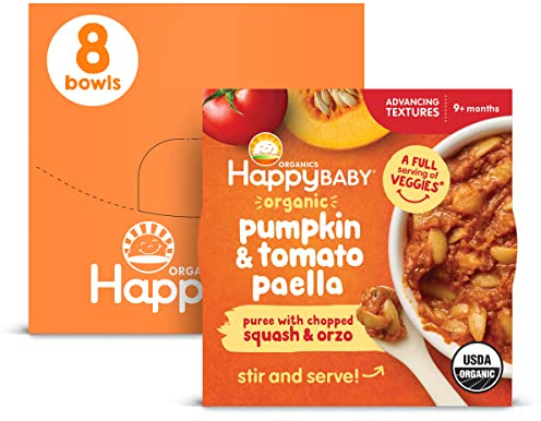 Happy Baby Organics Baby Food, Advancing Textures Bowl Pumpkin & Tomato Paella Puree with Chopped Squash & Orzo, 4 Oz (Pack of 8)
