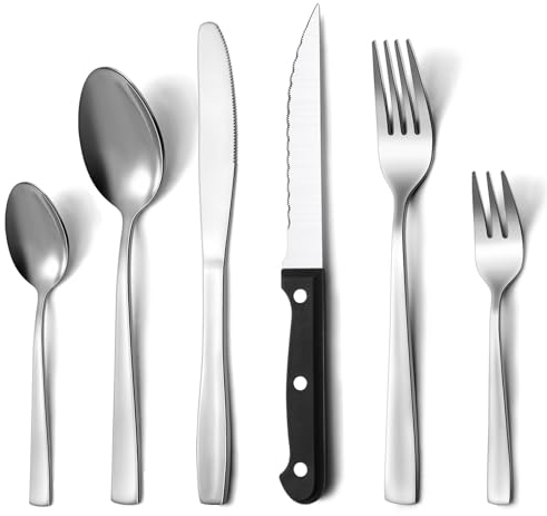 Pleafind Set di Posate in Acciaio Inox, 36 Pezzi, per 6 Persone, con Coltelli da Bistecca, Lucidato a Specchio, Design Ergonomico, Lavabile in Lavastoviglie