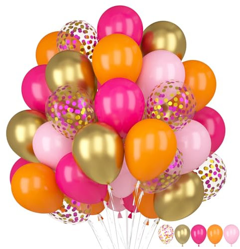 60 Pièces Ballons Rose Orange, Ballon Anniversaire Rose Fille, Ballon Rose Fushia, Métallique Or Confettis Rose Orange Latex Hélium Ballon pour ête Anniversaire Baby Shower Mariage Baptême Décoration