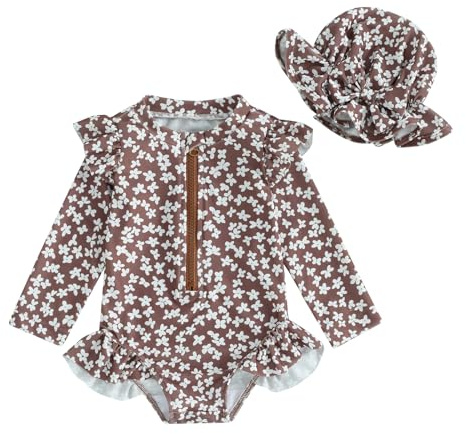 HodJIU Combinaison Maillot de Bain Bébé Fille Anti-UV à Manches Longues Imprimé Costume de Bain pour Piscine Natation Plage + Chapeau de Soleil (Brun Floral, 18-24 Mois)