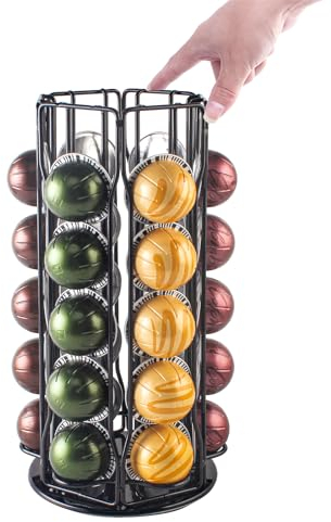 SEVENLINE Coffee Pod Holder – Compatible with Nespresso Vertuo Pods,Storage For 30 Pods Vertuoline Capsules Rotating Stand Carousel Organizer Rack (Black)