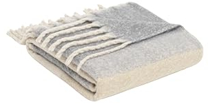 s.Oliver Kuscheldecke 150x200 cm - Polyesterflausch Decke mit Fransen, warm & waschbar, Fransendecke gestreift beige grau