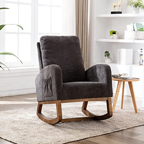I0I&I0I Schaukelstuhl Mid-Century Modern,Hoher Rücken, Gummibaumholz, Seiten-Taschen, Wohnzimmer & Kinderzimmer, 150 kg Belastbarkeit, Bequeme Polsterung (Dunkelgrau)