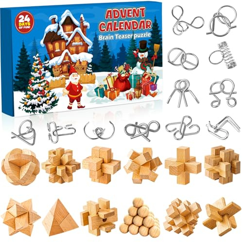 Adventskalender 2026 Knobelspiele, Weihnachtskalender für Kinder | 24 Tage Metall Knobel und 3D Holzk, Geschicklichkeitsspiele, IQ Puzzle Geschenke für Jungen Mädchen Teenager & Erwachsene