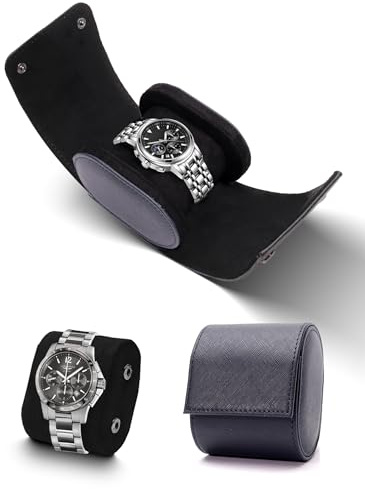 TINGSING Watch Travel Cases Single PU Leather Watch Roll Travel Case Watch Storage Box Organizer with Removable Pillow Portable Watch Holder Stand for Jewelry Bracelet, Gifts on Christmas, Black