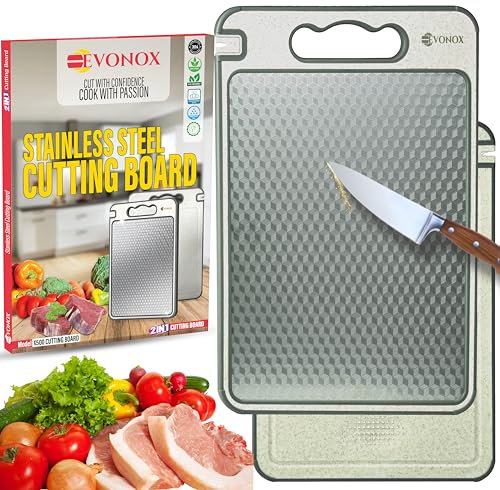 EVONOX Planche à découper double face en acier inoxydable pour cuisine, légère, passe au lave-vaisselle, facile à nettoyer, non toxique, bords antidérapants, grande planche à découper en paille de blé