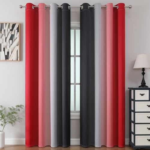 VEHEDE Farbverlauf Kinderzimmer Gardinen mit ösen Wohnzimmer Vorhänge mit ösen, Ombre Thermovorhang Kälteschutz Vorhang 244 cm Lang, H 244 x B 132 cm, Rot und Schwarz, 2er Set Verdunklungsvorhänge