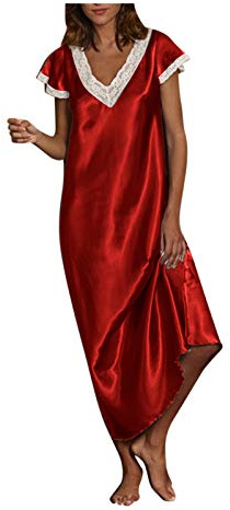 Nightdresses for Women Long Nightdresses Silk Nighties Lace Soft Stretch V-Neck Loose Pajama Dress Short Sleeve Nightgowns Nighties Elegant Homewear Long Dress Sleepwear Uk Size 8 10 12 14 16 18 20 22