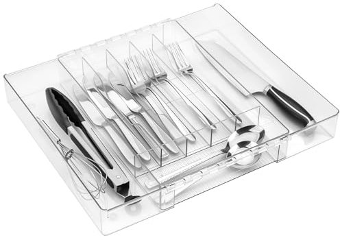 QIWODE Portaposate per cassetto delle posate, vassoio per posate in plastica estensibile per cassetto della cucina, organizer trasparente regolabile per coltelli, forchette, cucchiai, 21,5-38,5 x 33,5