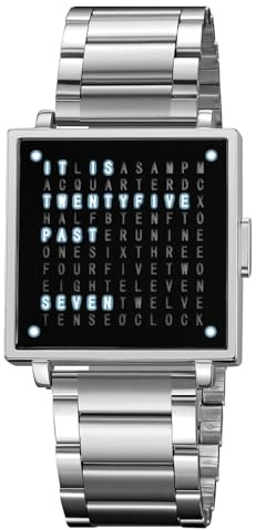 Gosasa Men’s Square Word-Matrix LED Watch Read Time in Words 30 m Waterproof Big Face Multifunctional Date Wristwatch Vintage Luxury Business Dress Timepiece Stainless Steel or Gold/Silver Toned