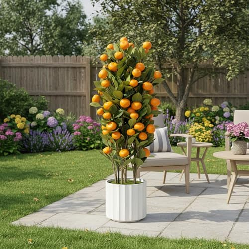 Artificial Citrus Tree 37 Large Fake Citrus Plant in Pot, Lifelike Faux Mandarin Indoor OrangeTree with White Textured Planter, 8 x 8 Pot, Floor Plants for Home Living Room Office Entryway Decor