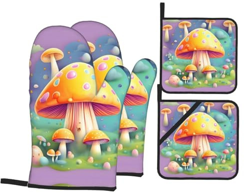 Fantasy Dream - Set di 4 guanti da forno e presine, a forma di fungo, resistenti fino a 500 gradi