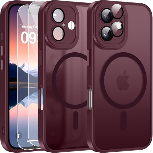 Opkiegrn für iPhone 16 Hülle mit 2 Stück Panzer Schutz Glas Folie, Kompatibel mit MagSafe, KameraSchutz Folie Stoßfest Kratzfest Transluzente Matt Handyhülle für iPhone 16 Weinrot
