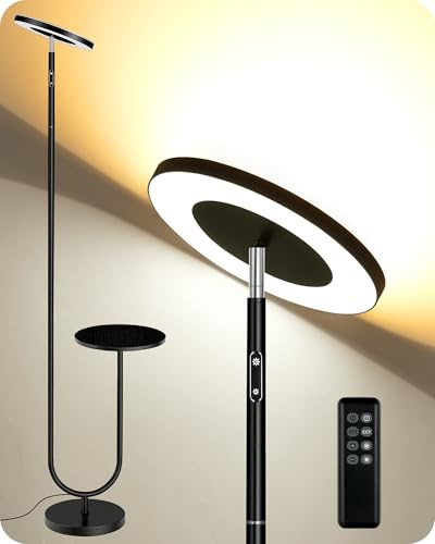 GOEBLESON Dimmbare LED Stehlampe mit Ablage, Doppelseitige Schwarze Stehleuchte, 22W + 7W Deckenfluter, Leselampe mit 4 Farbtemperaturen, mit Fernbedienung für Wohnzimmer, Schlafzimmer, ZB24LDD05