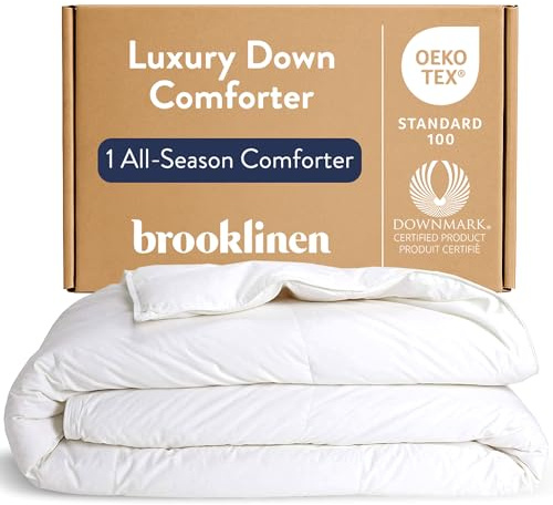 Brooklinen Lightweight Canadian Down Comforter, Breathable Summer Duvet Insert, 100% Cotton Sateen Shell, Ultra-Soft Fluffy Bedding, Baffle Box, Secure Duvet Loops - Full/Queen