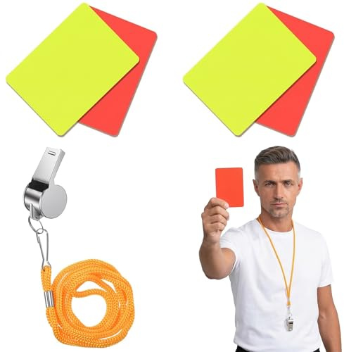 NiceNaiils Set Arbitro Calcio Professionale - 2 Kit Cartellini Arbitro Rossi e Gialli con Fischietto in Metallo e Cordino, Accessori per Allenatore e Arbitro di Calcio, Basket e Sport