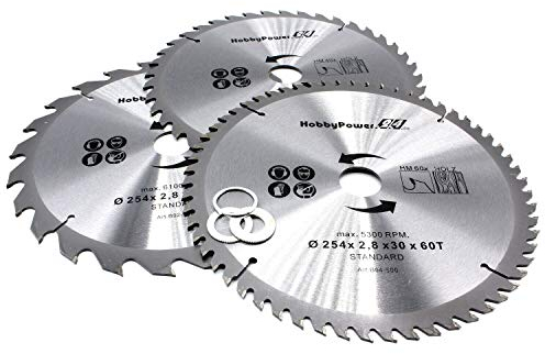 3 Kreissägeblätter 254x30mm 24, 40 und 60 Zähne + 3 Reduzierringe je Sägeblatt auf 24,4mm, 20mm und 16mm für Güde Radialkappsäge GRK 254 BS