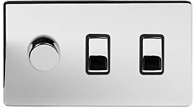 Soho Lighting Polished Chrome 3 Gang Light Switch with 1 dimmer (2x 2 Way Switch & Trailing Dimmer) Blk Ins Screwless