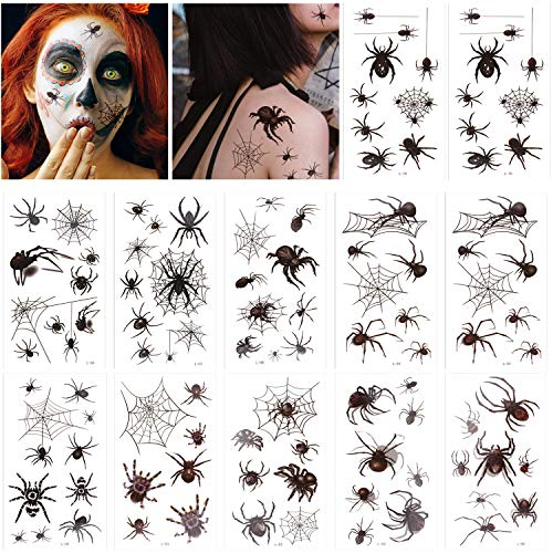 Halloween Deko,TemporäRe Schwarz Spinnen Tattoos,Gesicht Tattoo Halloween Spinnennetz ZubehöR Verkleidung 12 PCS füR Halloween Masquerade Karneval,Punk Party，Damen,Cosplay