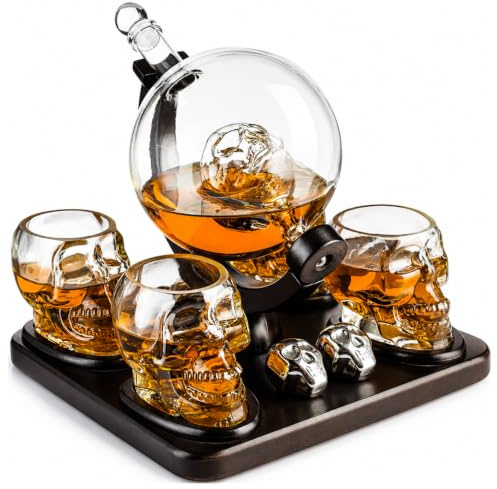 The Wine Savant Skull Skeleton Wine & Whiskey Globe Decanter Set 850 mL With 4 Skull Head 3oz Skeletons Shot Glasses And Skull Chillers Wooden Base Decor Glass Goth Spooky Drinking Glassware
