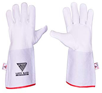 SAFETY MASTER Premium Quality Tig Argon Welding Gloves, Made From Soft Grain Leather Natural White, Round Thumb, With White Split Leather, Red Piping. Size: L, Length 35cm