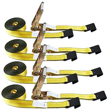 Flat Hook Ratchet Straps-Tie Down Straps Heavy Duty-2 Inch x 27 Feet-Weather Resistant Strap -3,333 Pound Working Load Limit-for Flatbed, Truck, Trailers Pickup(4 Pack) Yellow