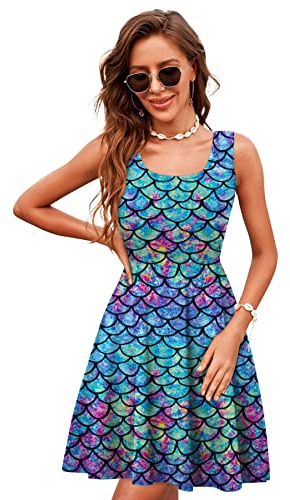 uideazone Women's Fish Scales Dress Ladies Casual Sleeveless Pleated Sling Dress Summer Casual One Piece Sundress for Beach