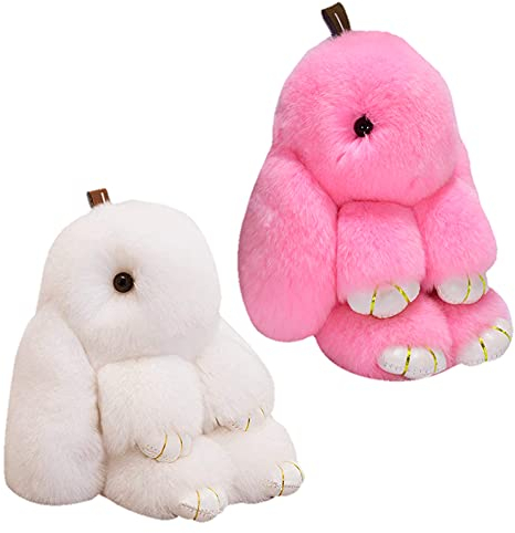 Plüsch Kaninchen Schlüsselanhänger, 2 Stücke Süße Kaninchen Hase Schlüsselanhänger, Plüsch-Häschen Schlüsselanhänger Pom Poms Taschenanhänger,Anhänger für Damen-Handtasche