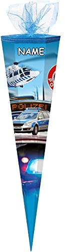alles-meine.de GmbH Schultüte Größe + Motiv wählbar inkl. Name - 6 eckig - Zuckertüte - Tüllabschluß - Junge - Polizei Auto Fahrzeug Polizist Hubschrauber Helikopter Polizeia..