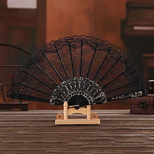 Damen Handfächer Stofffächer,Hochzeitsfächer Spitze,Vintage Spanische Barock Viktorianischen Sommer Faltfächer für Hochzeiten Geburttag Party Kostüm Halloween Karneval Fasching Tanzen Hand Fan,Schwarz