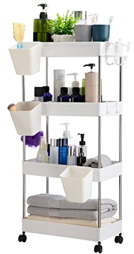 DOEWORKS Carrelli Portaoggetti con Tazze Appese Carrello Cucina a 4 Ripiani, Organizer Carrello Scaffale con Ruote per Cucina Bagno Ufficio, Bianca