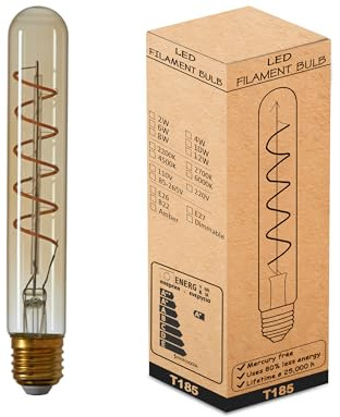 Vintage LED E27 Edison Tubular Light Bulb | T185 4W (Equivalent 40W) LED Spiral Filament 2700K Warm White Non-Dimmable Screw 450 Lumen Energy Saving Bulb for Long cage Lmap Indoor Decoration