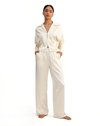 LilySilk Seide Pyjama Set für Frauen Seide Trendy Pulllover Nachtwäsche Hausanzug Schlafanzug 2-teilige Damen PJ Set(Lily Weiss,XL)