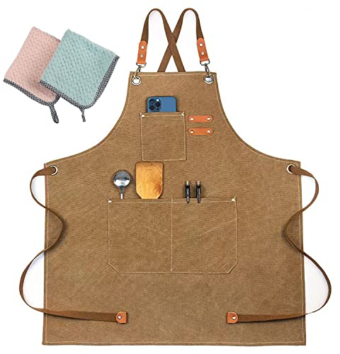 Kochschürze, Schürzen für Männer,Grillschürze für Männer, verstellbarer Riemen Baumwolle Canvas Kreuz zurück Schürze mit großen Taschen für Frauen und Männer Küche Kochen Backen Lätzchen Schürze