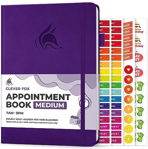 Clever Fox Terminkalender - Stundenplaner mit Zeitschlitzen - Time Box Planer für die tägliche Arbeit & To-Dos - Wochen- & Monatliche Aufzeichnungen, undatiert, Hardcover, A5-Größe (Lila)