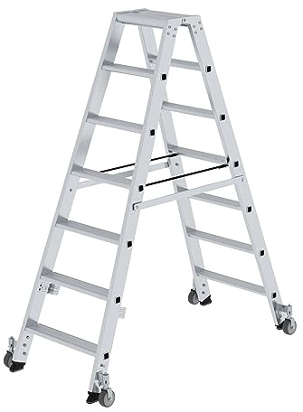PROREGAL Stufen-Stehleiter | beidseitig begehbar | mit Rollen | 2x7 Stufen | Leiter, Teleskopleiter, Trittleiter, Bockleiter, Sprossen-Doppelleiter