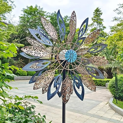 SJASD Moulin à Vent Solaire, Éolienne À Vent en Métal pour Cour et Jardin avec éclairage LED à énergie Solaire, Sculptures et Mobiles À Vent, Rotation Facile, décoration de Patio de pelouse