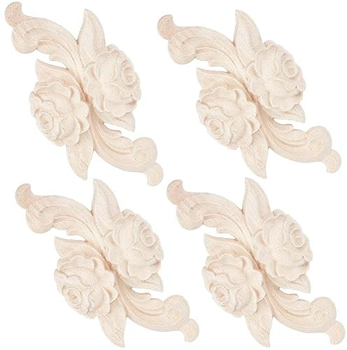 GORGECRAFT 4Stk 100 mm Holzapplikationen Holzonlays Geschnitzte Abziehbilder Unbemalte Schnitzereien Blumenmuster Ornamentstück Eckkantenapplikation Bastelzusatz Für Wand Tür Schrank Möbel DIY-Dekor